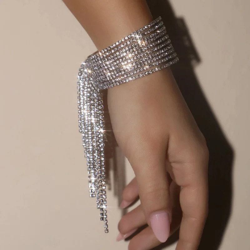 Stonefans Fashion Long Tassel Rhinestone Bangle Bracelet for Women Boho Multi Layer Bracelet Bangle Hand Jewelry Accessories 250320