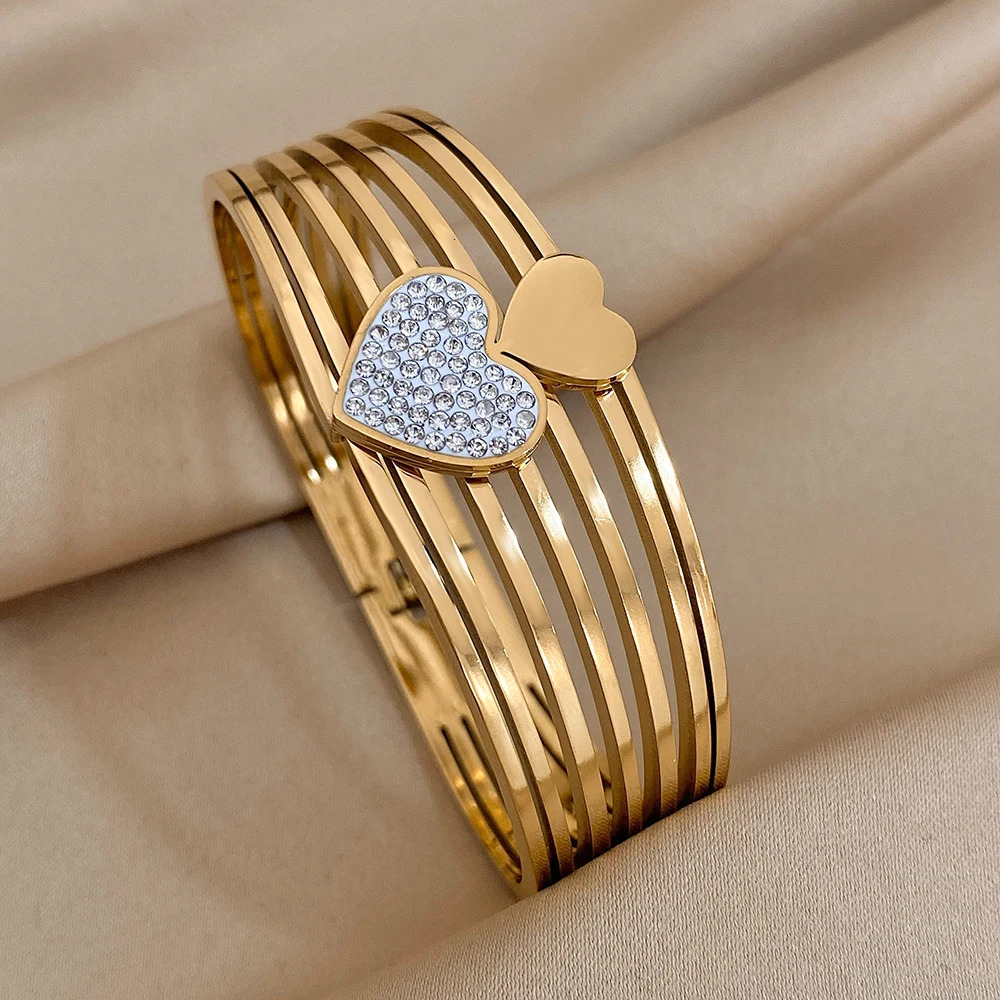 ALLYES n Chic Small Big Rhinestone Love Heart Wide Stainless Steel Bangles Bracelet Charm Gold Color Accessories Gift 250320