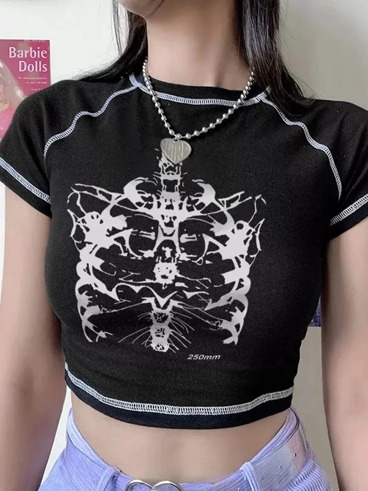 Y2K black sweet slim skull print fun vintage graphic clothes crop top E- 250320
