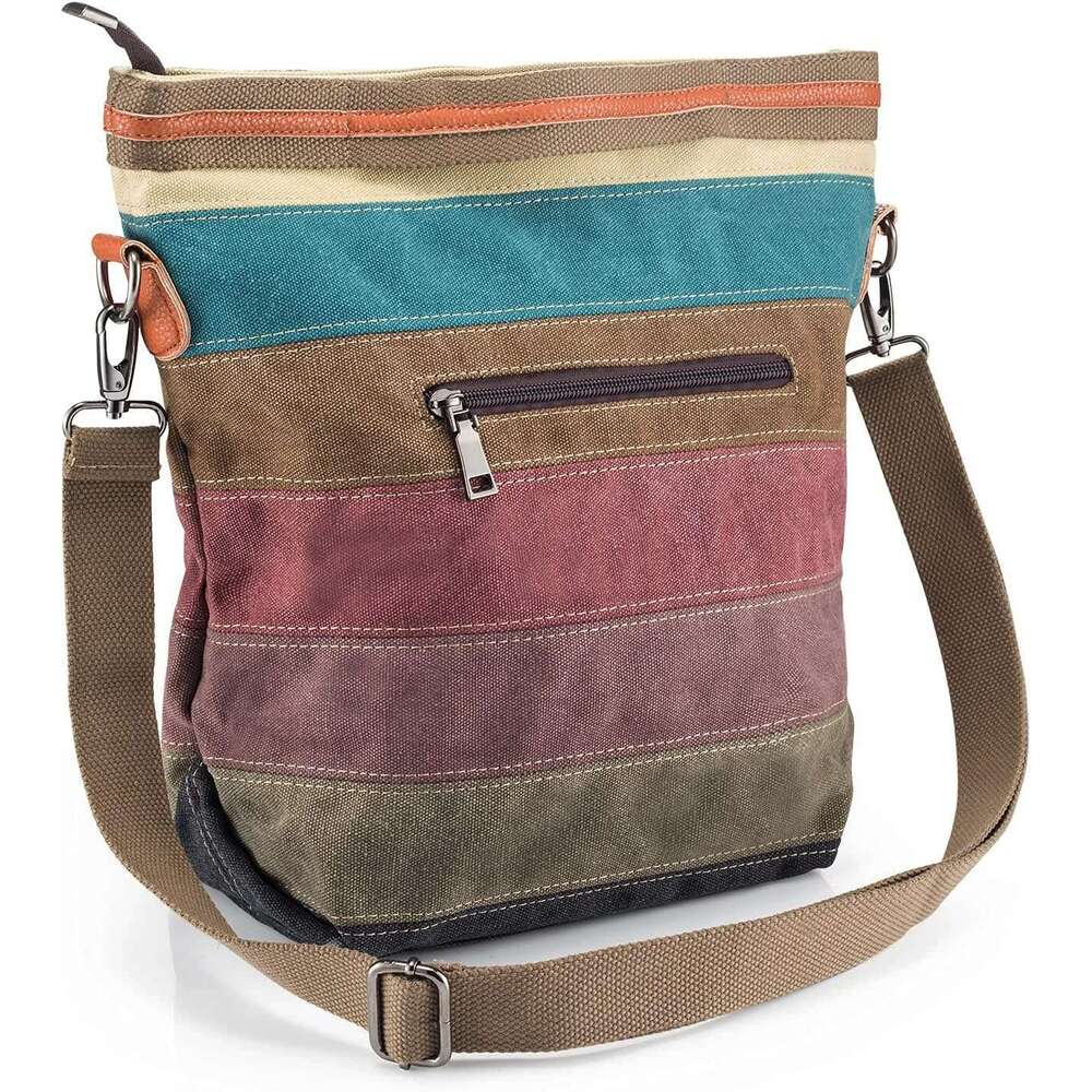 Canvas Handbag Multi-Color Striped Lattice Cross Body Shoulder Purse Bag Tote-Handbag for Women