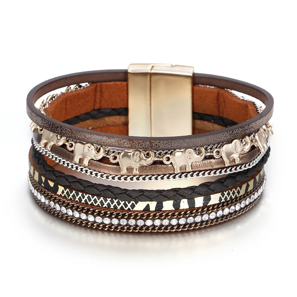Fashion Elephant Pendant Hand-woven Leather Bracelet Ladies Ins Style with Rhinestone Magnet Clasp Bracelet 250320