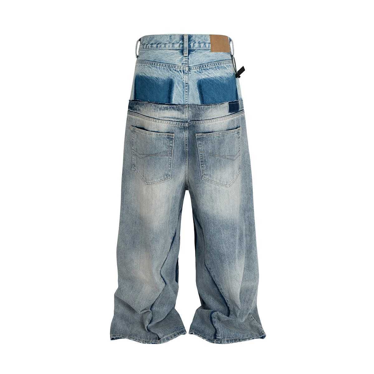 Cut double-layer double waist spliced work bag jeans suitable for men and women straight casual loose denim shortsT250319