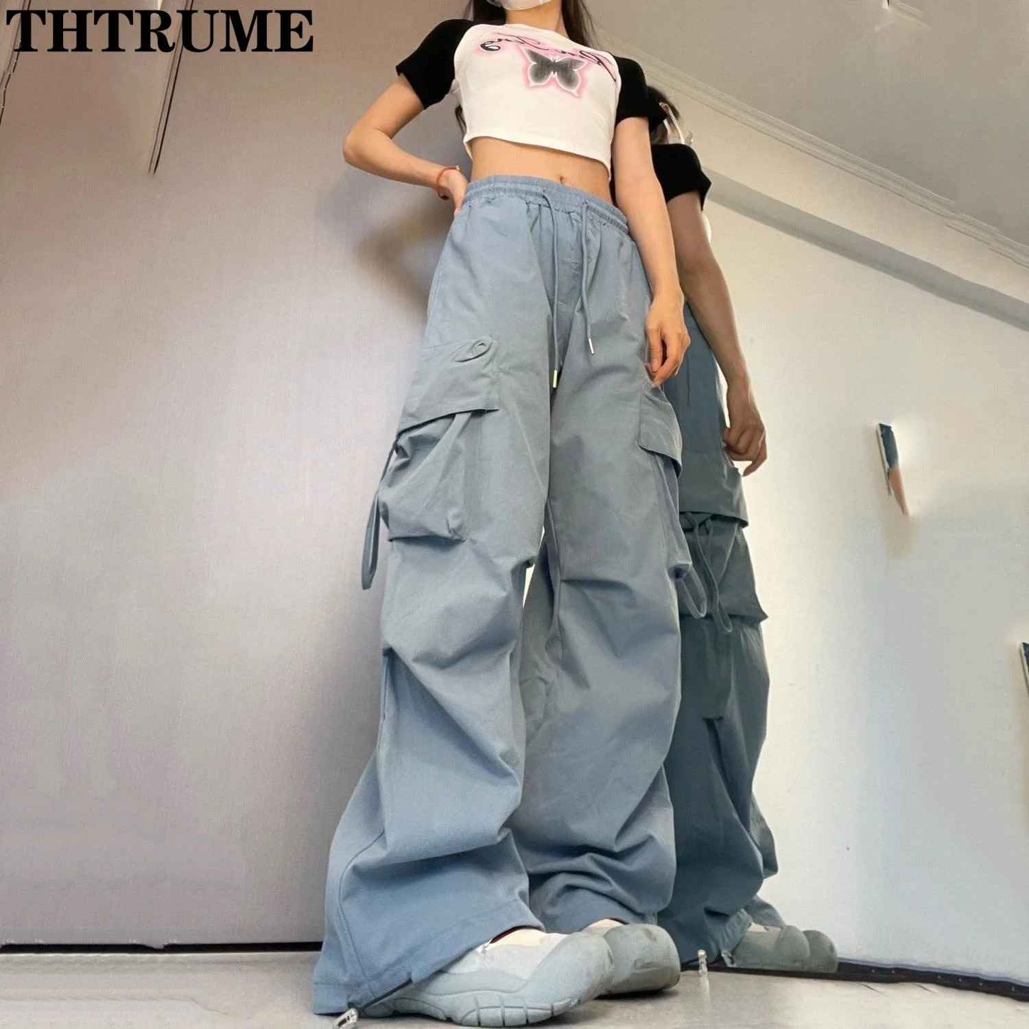 Retro retro street bag pants fashionable womens oversized drawstring pocket casual streetwear loose jogging 250320