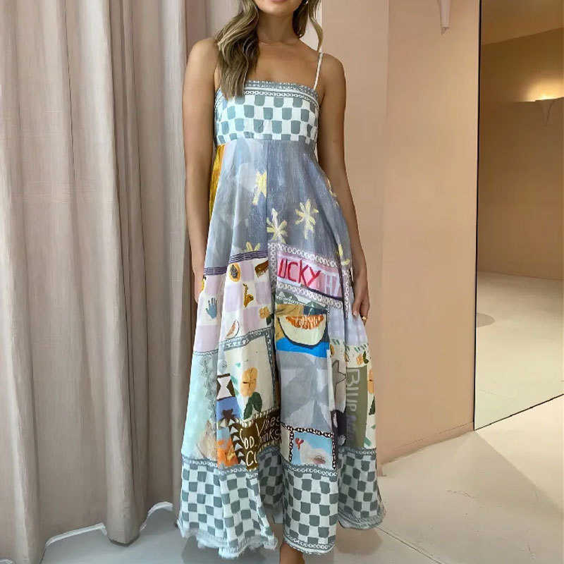 Basic Casual Dresses 2025 Spring Women New Sleeveless High-waisted Painted A-line Skirt Temperament Elegant Printed Halter Casual Fashion Dress Y25032