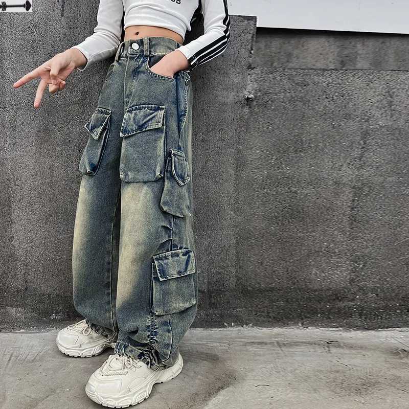 2024 New Girl Jeans Wide Leg Pants Fashion Casual Cotton Pants Little Girl Party Street Style Pure Loose Straight TrousersT250326