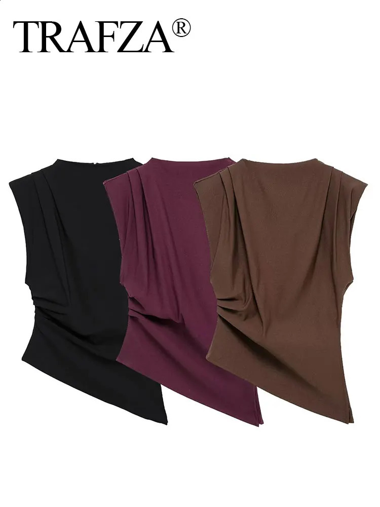 TRAFZA Womens Retro Solid Folded Tank Top Irregular Hem Sleeveless Summer Fashion Street Tshirt Unique 250319