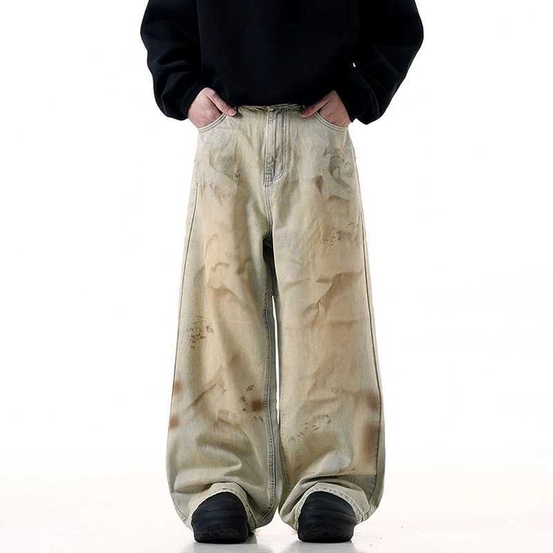 IEFB American Mens Jeans Splotch Wear Wash Contrast Loose Straight Wide Leg Retro Mens Jeans 9W398T250319