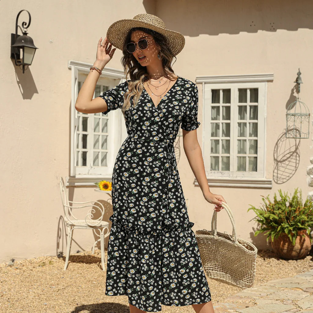Womens Sexy V-neck Chiffon Print Dresses 250314