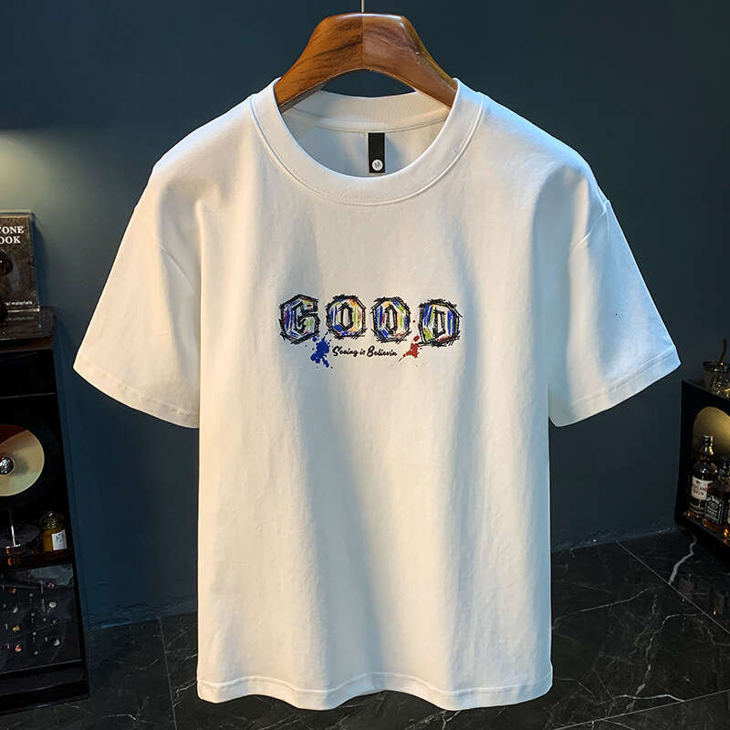 Loose short T-shirt for men in summer, thin design, painted art printed T-shirt, trendy and versatile youth five quarter sleeved top