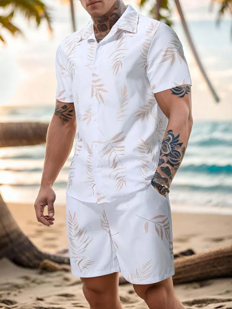 Palm Leaf Printed Mens Casual Shirt Hawaii Mens Beach Shorts Summer Daily Short Sleeve Sportswear Set 250314