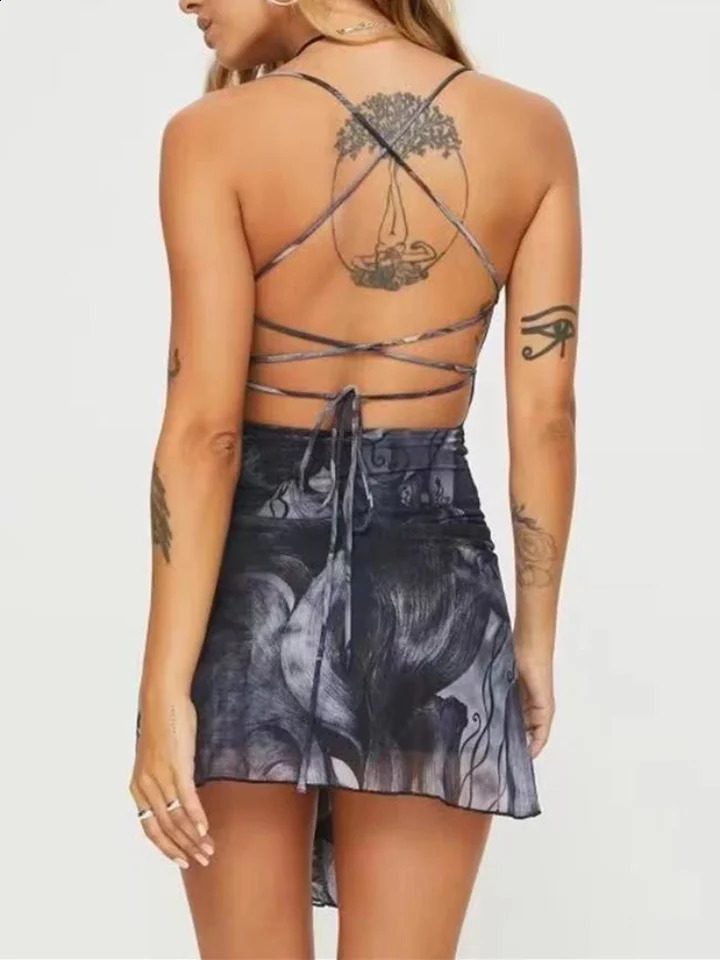 Summer sleeveless A-line dress womens short skirt net sexy spicy girl cross without back irregular print with dress party night 250317