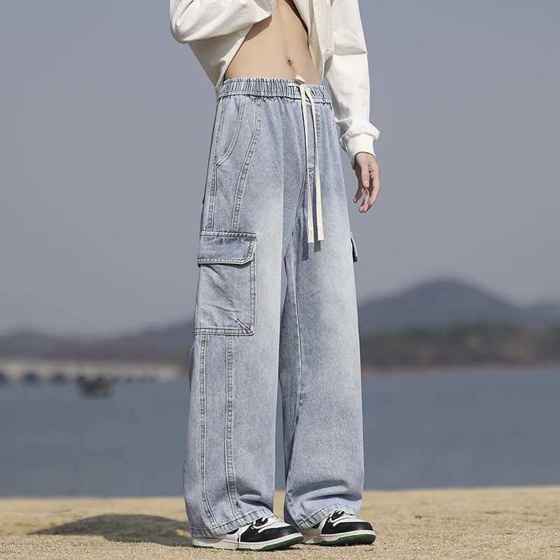 American retro cargo pants mens wide leg large pocket casual loose patchwork work pants fashionable Korean streetwearT250319