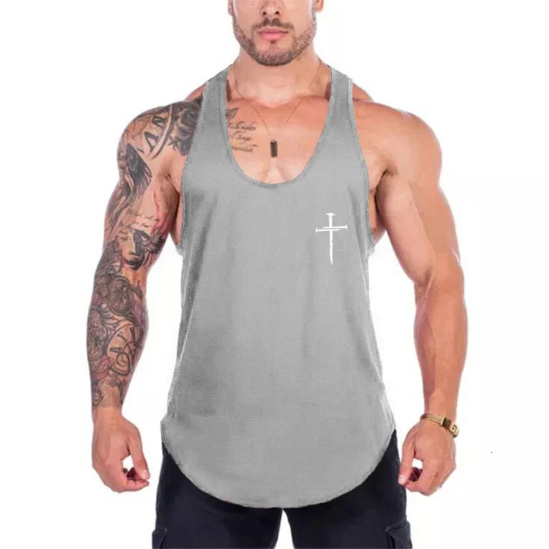 Personalized Cross Print Bodybuilding Clothing Gym Fitness Mesh Breathable Quick Dry Tank Tops Mens Sport Muscle Y-back T-shirt 250320