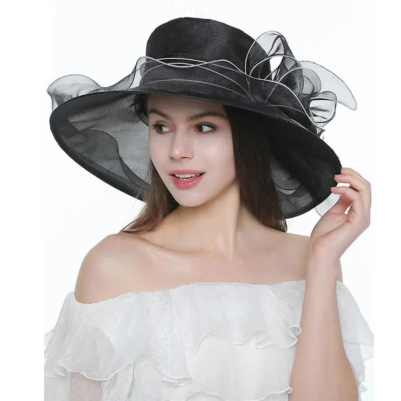 18 Color Ladies Summer Hat White Black Organza Church Fascinator Wedding Tea Party Derby Hats for Women Flower Wide Brim Sun Hat 250320