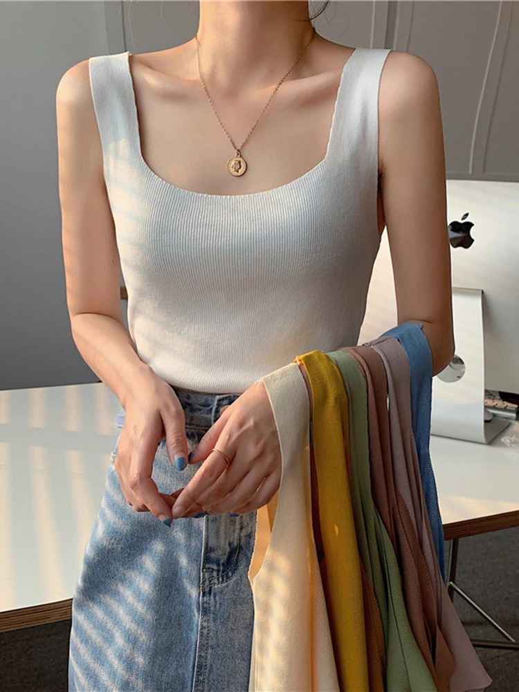2025 Summer Knitted Tops Neck Summer Basic Shirts White Black Casual Sport Vest Off Shoulder Green Womens Tank Top 250320