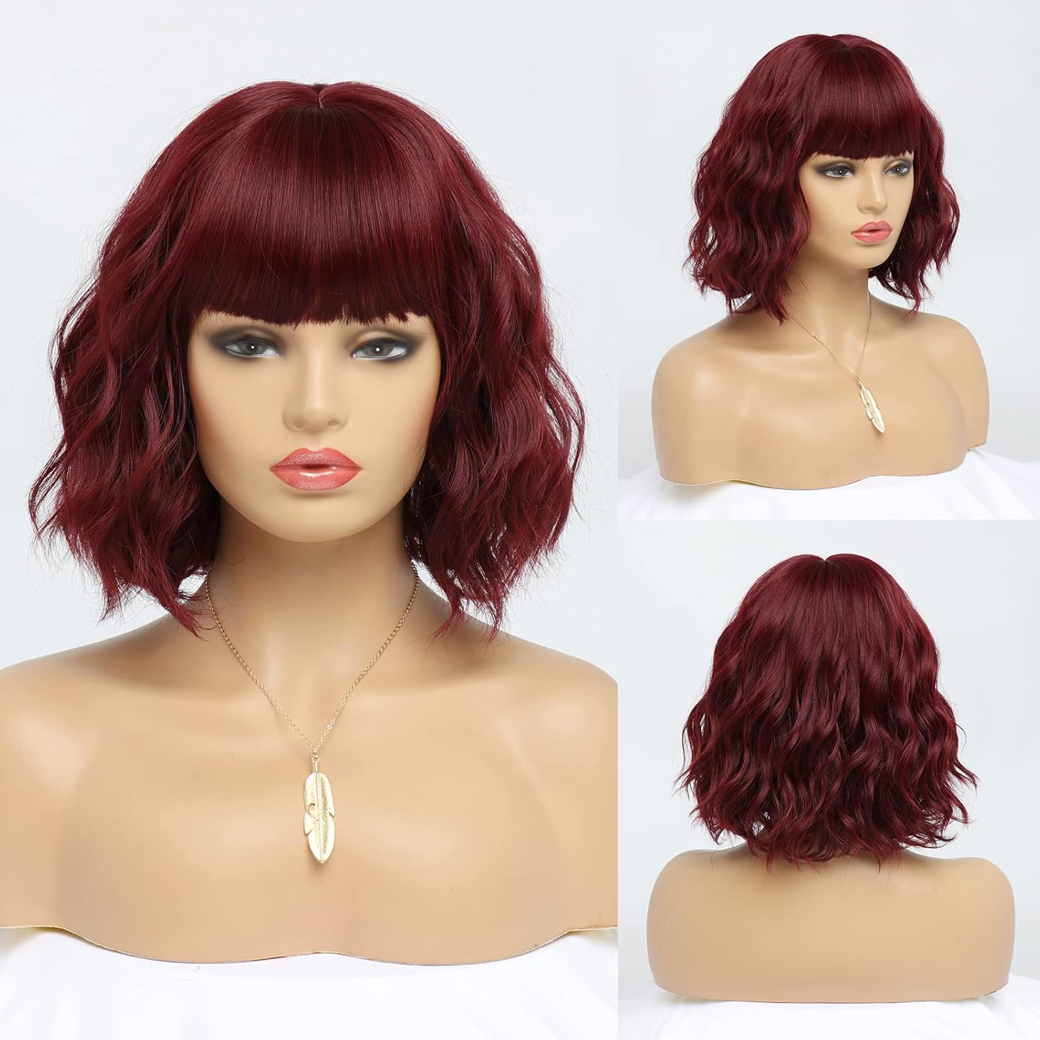 Short Burgundy Wigs for Women Wine Red Wavy Wig with Bangs,Dark Red Bob Wig Synthetic Hair Water Wave Medium Length Colorful Wigs