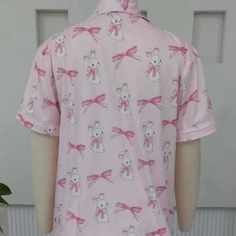 Women 2 Piece Easter Pajamas Set Short Sleeve Button Up Shirt Pjs Shorts Preppy Set Cute Easter Bunny Egg Sleepwear Loungewear 250319