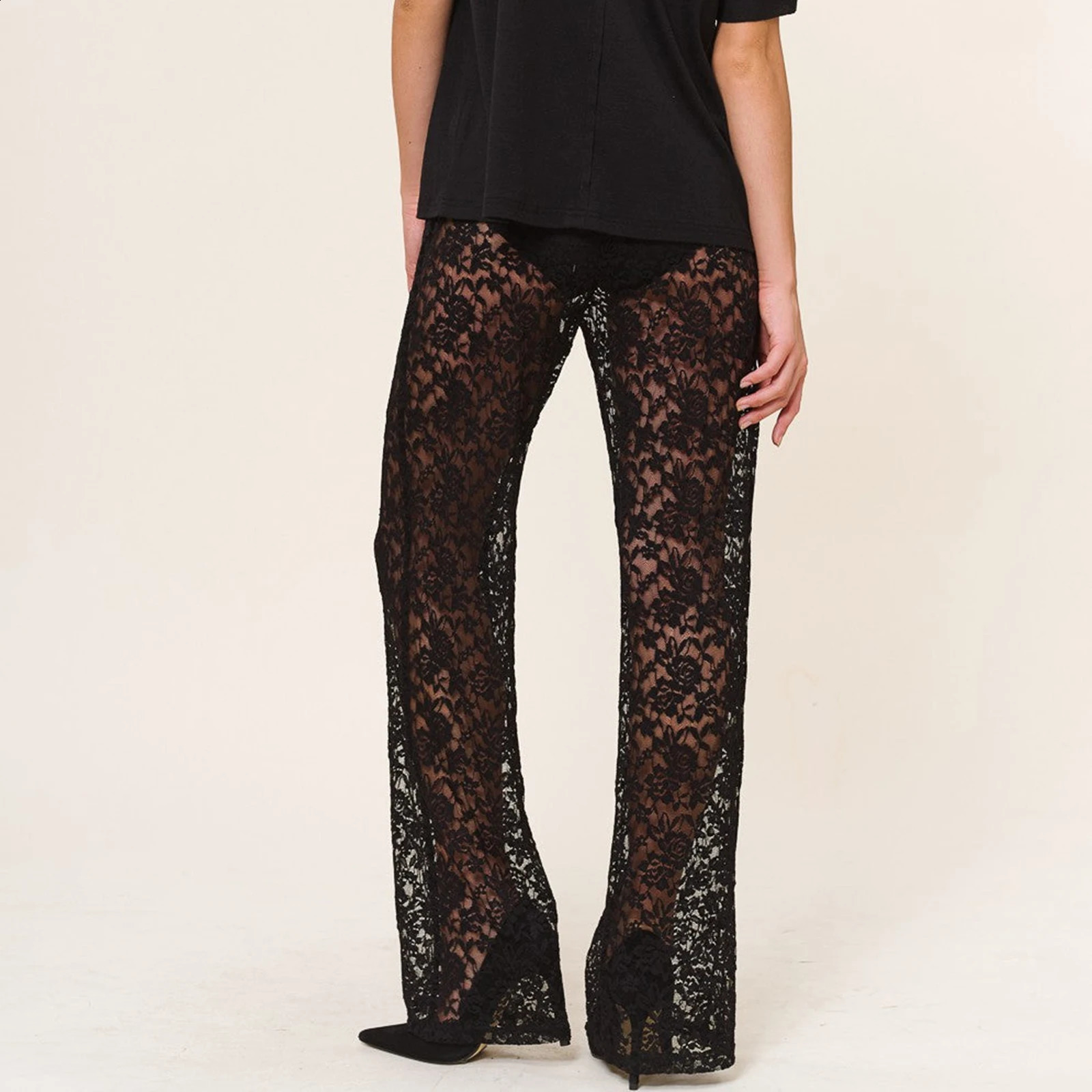 Sexy Womens Transparent Lace Pants Gothic High Waist Wide Leg Sparkling Pants Womens Bell Bottom Trousers Club Streetwear 250314