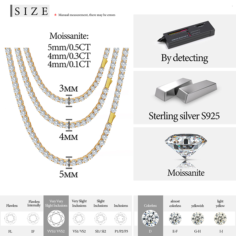 High-Quality VVS1 Iced Out Moissanite Tennis Necklace S925 Sterling Silver Diamond Necklaces For Men Women Pass Diamonds Test