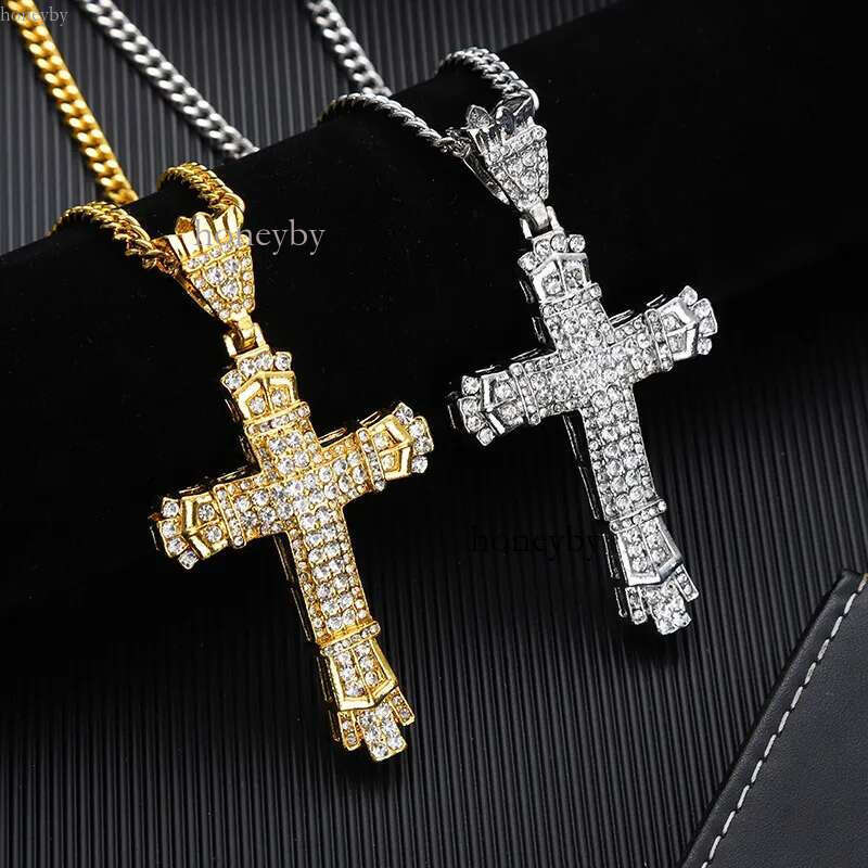 Hip Hop Cross Pendant Religious Charm Gold Sier Full Ice Out Crystal Neckalce Simulated Dias Catholic Crucifix Necklace With Cuban Chain Jewelry