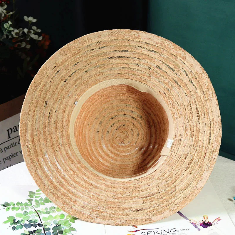 Sun hat for women in spring and summer elegant mesh pearl flower sun hat foldable outdoor large edge lace breathable beach hat 250320