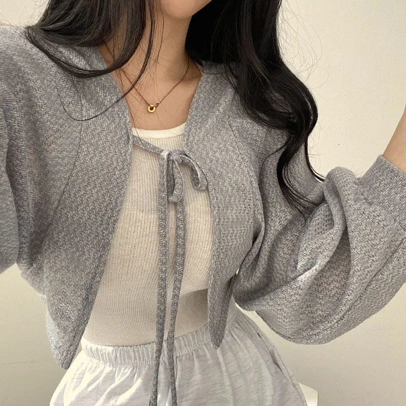 Casual Knitted Cardigan Women Fashion Thin Sunscreen Lace-Up Knitwear Tops Y2k s Korean Style Lantern Sleeve Cropped Coat 250320