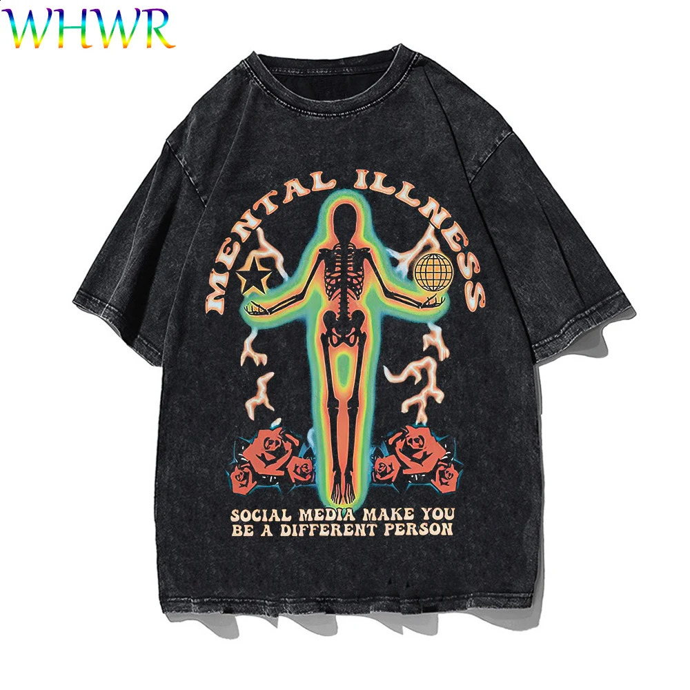Gothic Cotton T-shirts Oversize Vintage T Shirt Casual Skeleton Ptint Tshirt Men Washed Short-sleeved Tee Streetwear Y2k Tshirts 250317