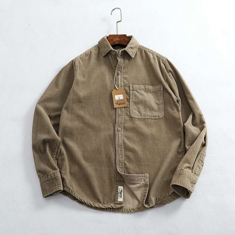 Heavy High Pit Chunky Strip Vintage Corduroy Long Sleeve Men's Autumn Cotton Cargo Shirt Jacket