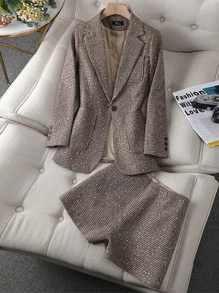 Womens Lattice Vintage Blazers Shorts Twopiece Suit 2024 Spring Autumn High Waist Mini Casual Two Piece Set For Women 250320