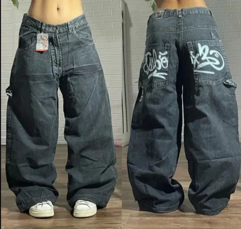 Street Y2K Fashion Punk Pattern Print Straight Jeans Women Harajuku Casual Loose High Waist Slim Wide-leg Pants Couple Jeans 250319