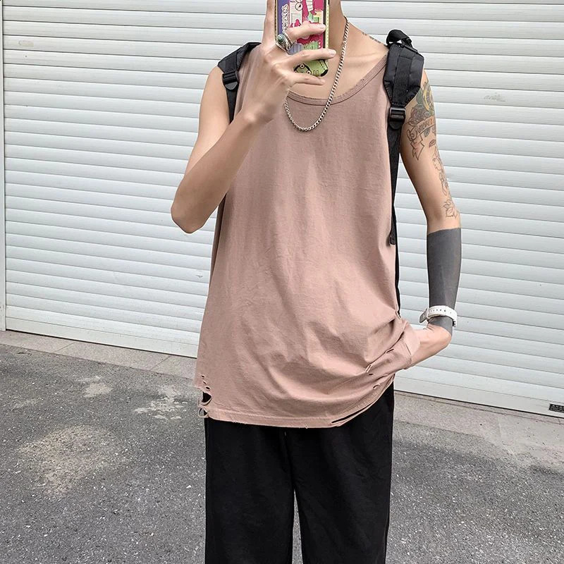 Summer ripped hole O-neck mens vest black and white camel hip-hop punk street fashion ultra-fine sleeveless T-shirt sports vest 250318