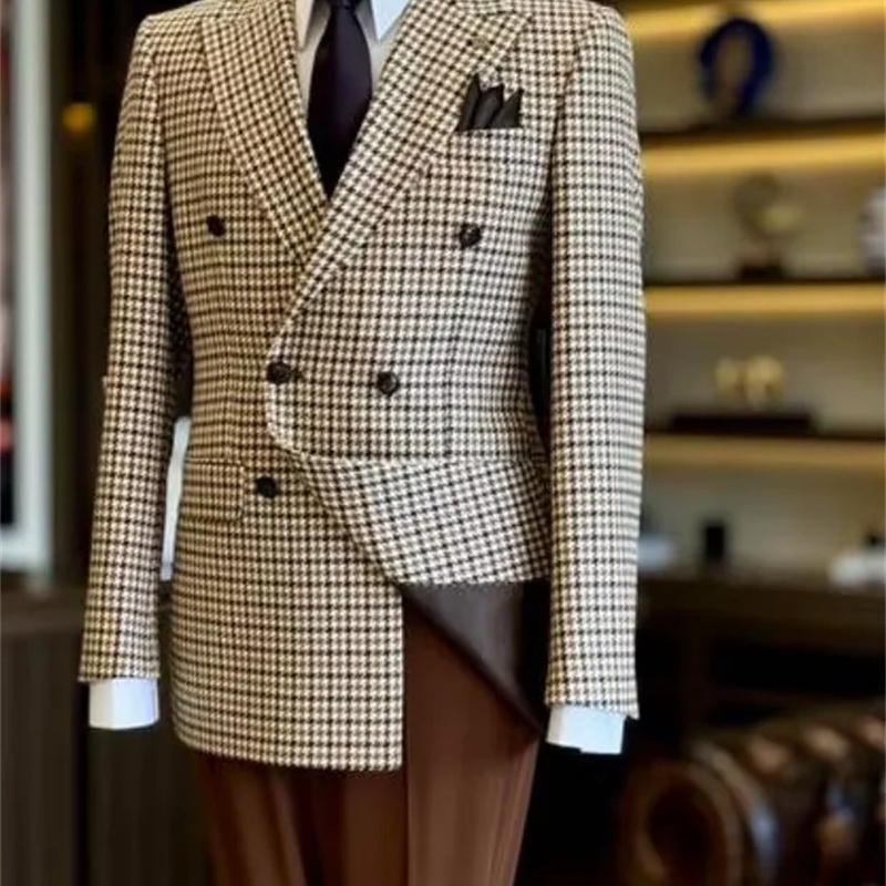 Latest n Houndstooth Jacket Mens Suit Set Brown Pants ed Lapel Double Breasted Blazer Wedding Groom Prom Dress 250224