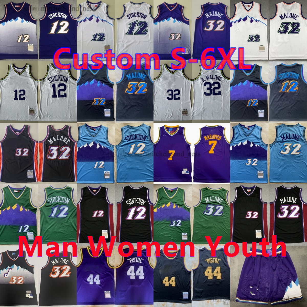 Custom MitchellNess 1996-97 Classic Retro Basketball 32 Karl Malone Jersey Vintage Stitch 44 Pistol 7 Pete Maravich 12 John Stockton Jerseys Breathable Sport Shirts