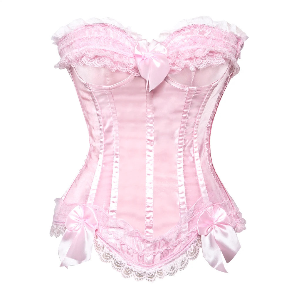 Sexy Lace Overbust Corset Top Women Vintage Satin Bow Bustier Lingerie With Zipper Plus Size Body Shaper Burlesque Corsets 250319