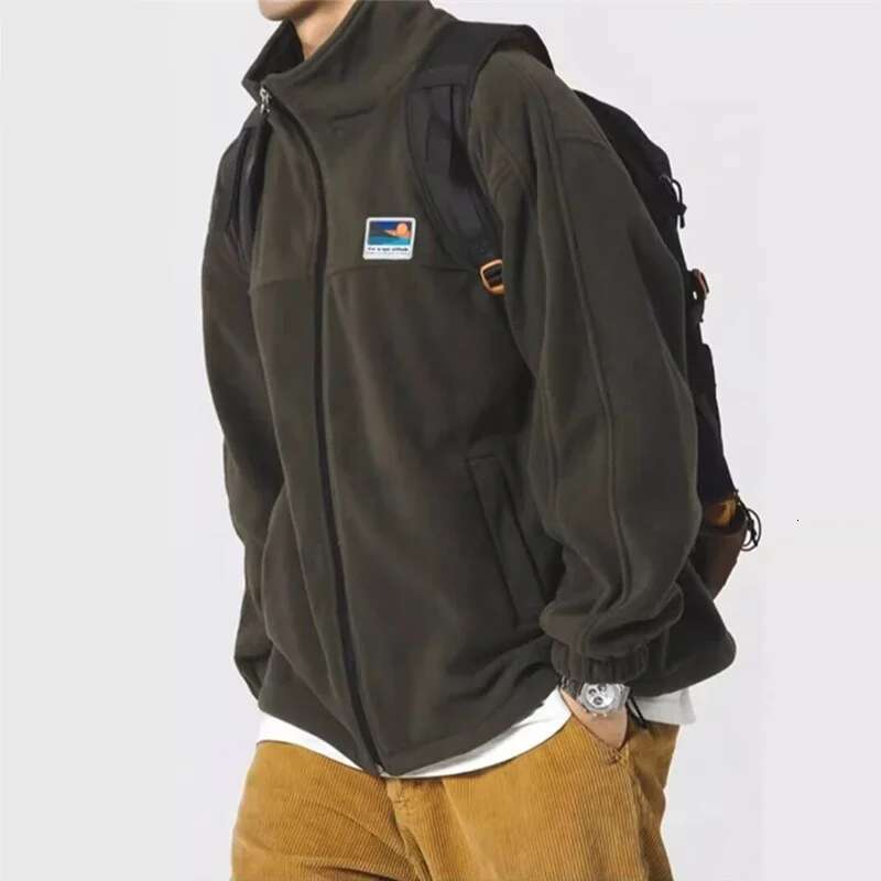 Autumn Vintage Polar Fleece Jackets Man Appliques Zipper Loose Fit Outwear Lambswool Coat Winter Stand Collar Bomber Jacket