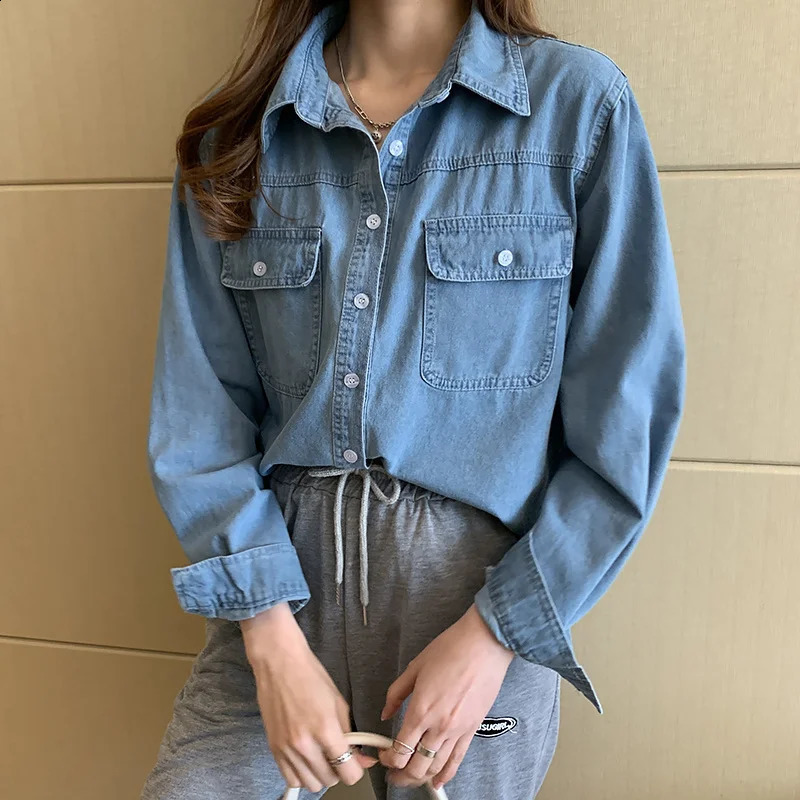#3110 Spring Autumn Retro Blue Cotton Denim Womens Tops And Blouses Loose Casual Office Shirt Jeans Femme Turn-down Collar 250319