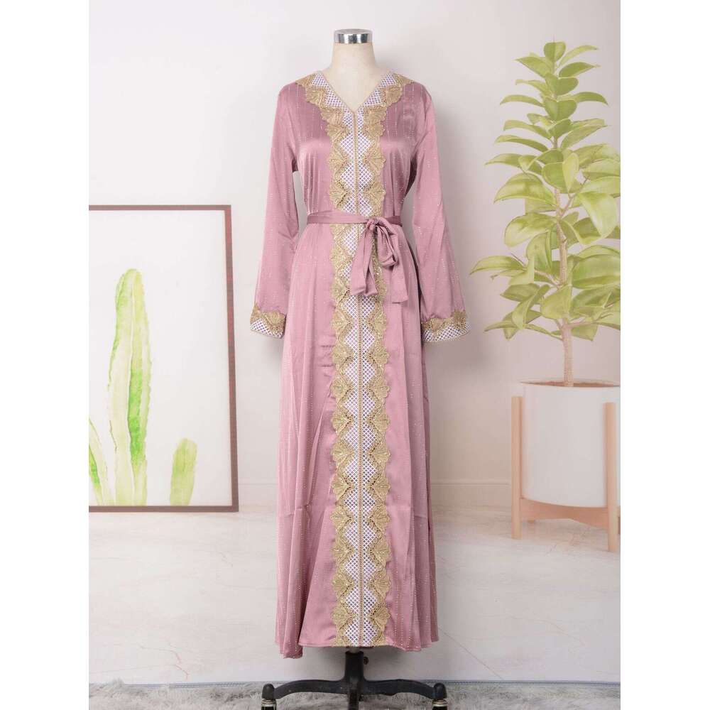 Mt109 Robe Muslim Style New Women's Wear Hot Diamond Long Sleeve V-Neck Big Swing Dress Ins