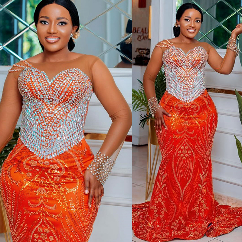 Plus Size Aso Ebi Orange Prom Dresses 2025 Mermaid Prom Dress For Special Occasions Sheer Neck Flora Illusion Beaded Lace Birthday Second Reception Go