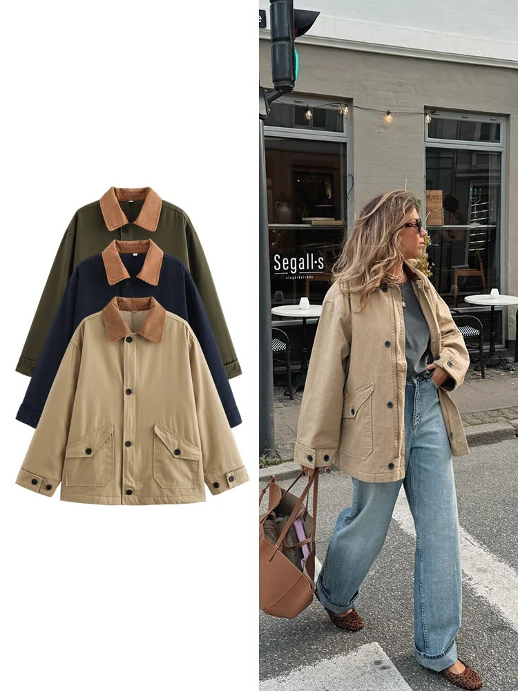 TRAF womens patch work concave convex color n single chest lapel jacket casual retro long sleeved warm cotton 250314