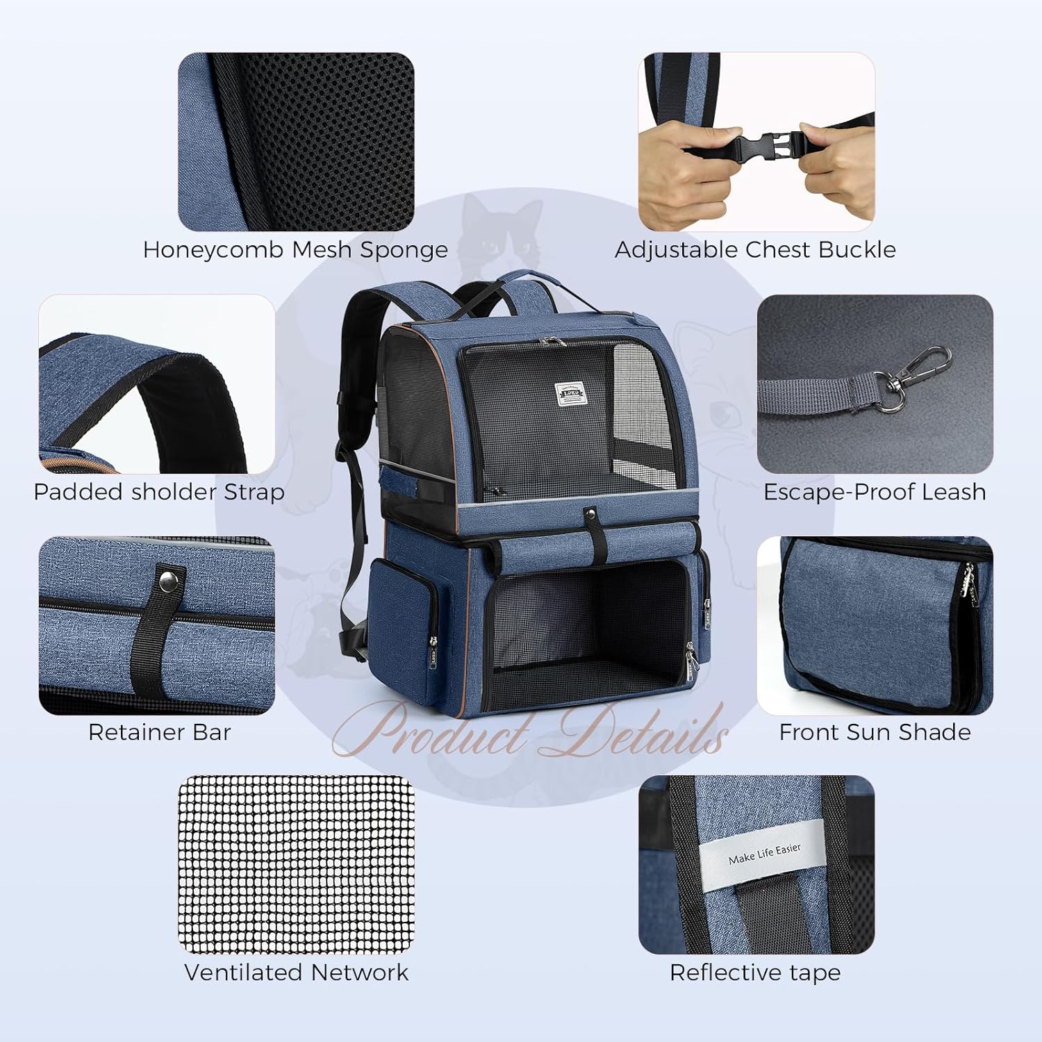 Double Layer Cat Backpack for 2 Cats Large Cats Transport Backpack Dog Backpack Foldable Pet Backpack for Cats Dogs up to 11 kg - Grey