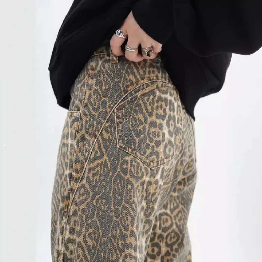 Designer Jeans Retro Fashion Street Y2k Men's And Women's Leopard Print Jeans High Street Loose Straight Trendy Brand Wide Leg Pants Men