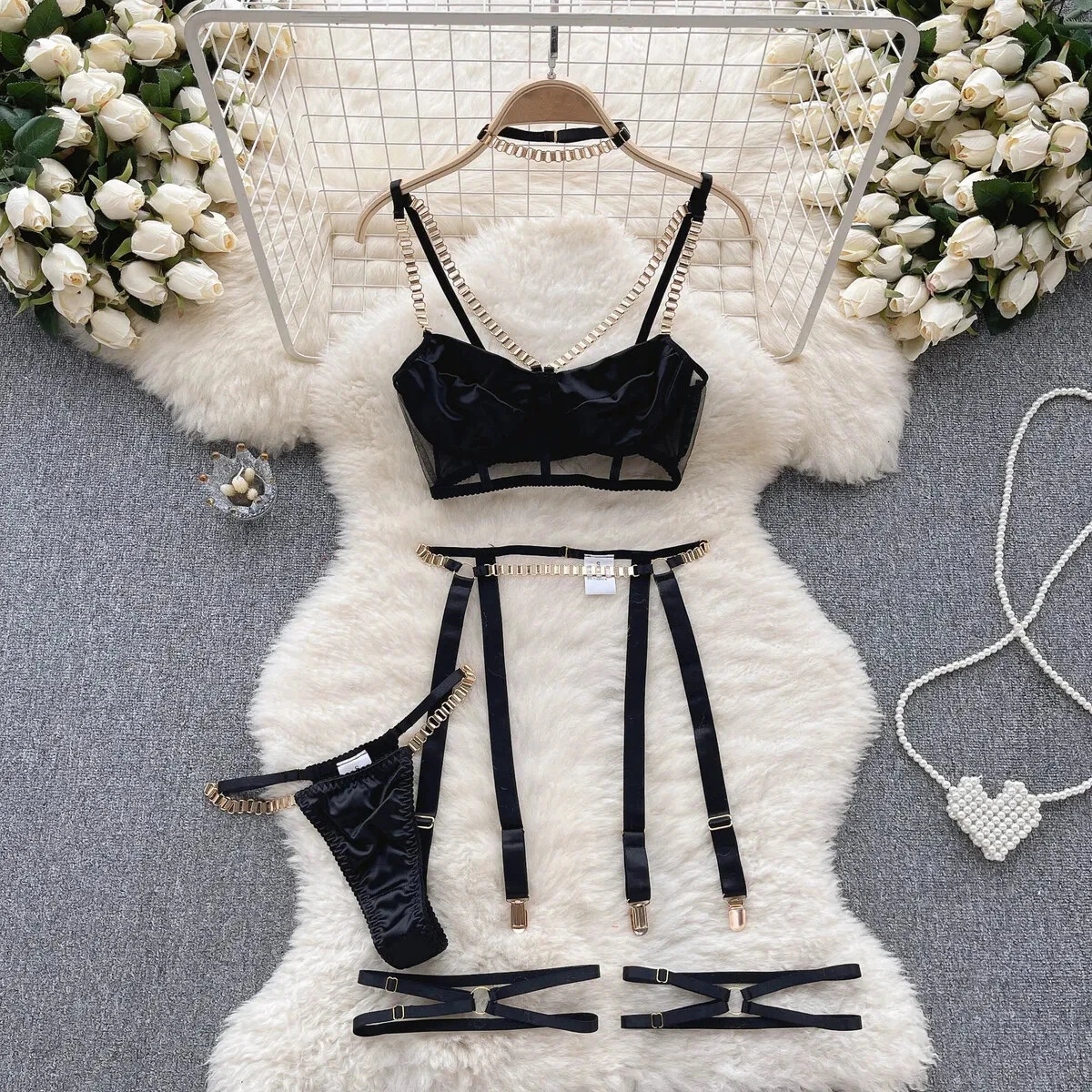 Womens 3piece exotic lingerie set lace sexy with camisole bra and underwear top pants 250320