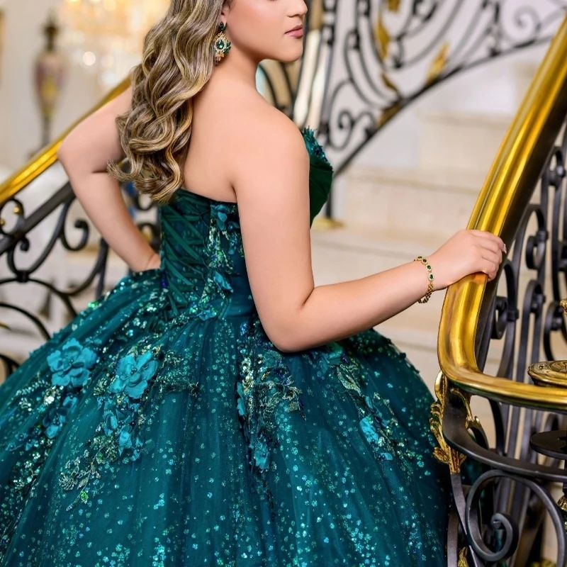 Blackish Green Shiny Princess Ball Gown Quinceanera Dresses Appliques Flower Crystals Beads Party Birthday Sweet 16 Dress Vestidos 15 De Anos