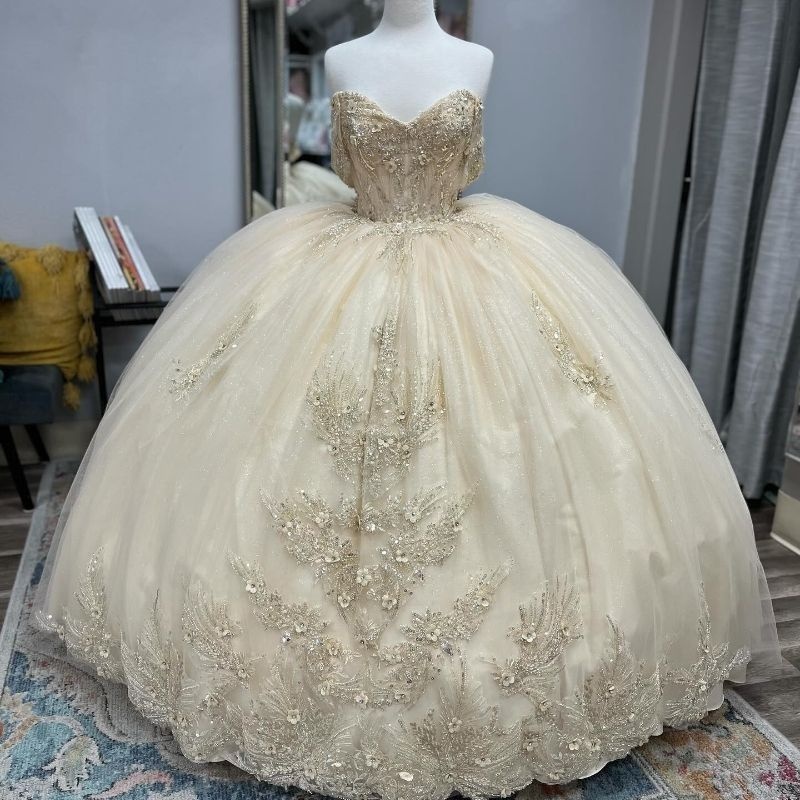 Light Champagne Shiny Quinceanera Dresses Sequin Lace Applique Beads Tull Sweet 16 Birthday Party Ball Gown Corset Vestidos De 15 Anos