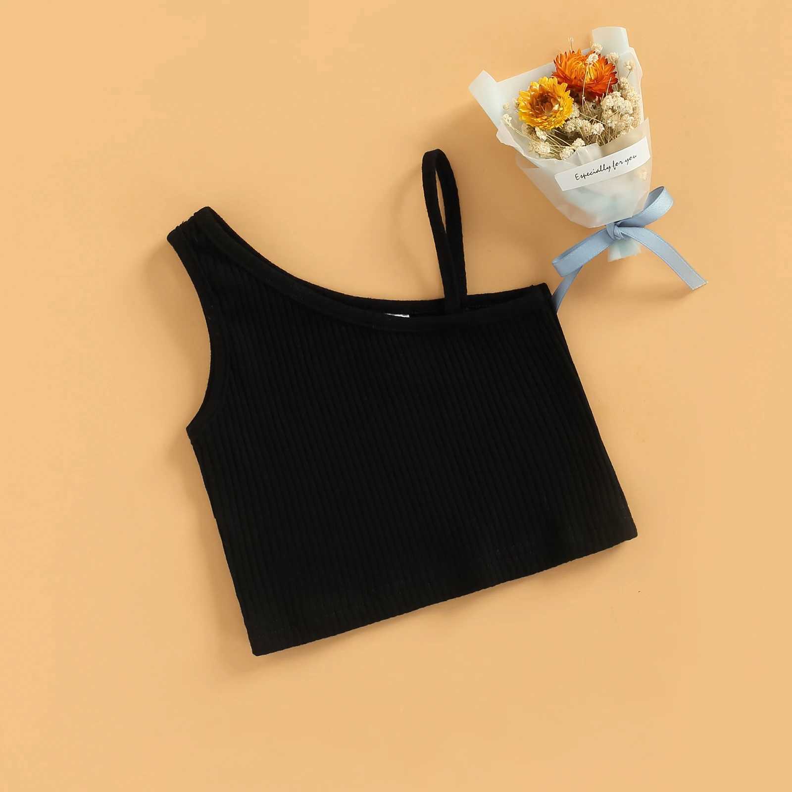 Breathable summer little girl vest childrens sweet style solid color slotted shoulder sleeves short sleeved casual top 2-8TT250320