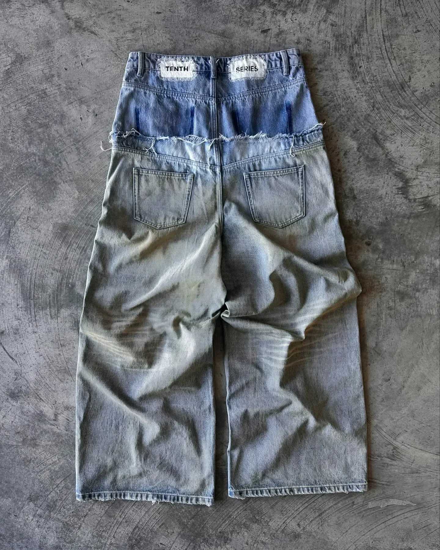 Loose open collar mens jeans Y2k spliced double waist jeans punk Harajuku wide leg pants street fashion jeans straight knit jeansT250319