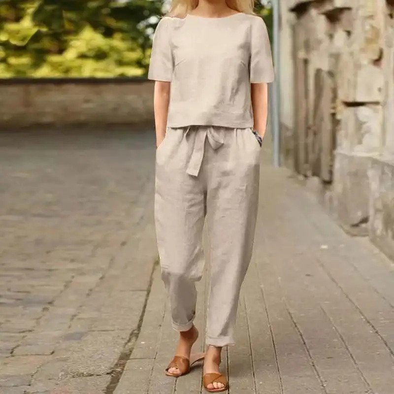 Womens Cotton Linen Summer Set Half Sleeve Round Neck Tie Elastic Waist Mens Loose Pants Retro 2024 250319