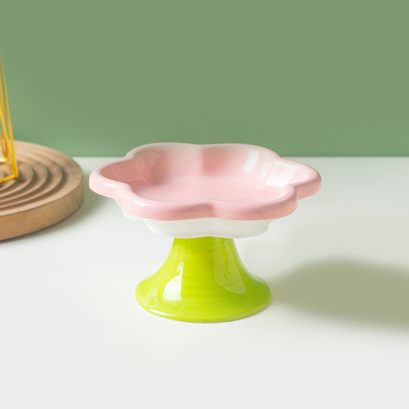 Ceramic Raised Cat Bowl With Flower Design, Elevated Cat Food Bowl Water Plate Snack Dish With Stand For Neck Protection