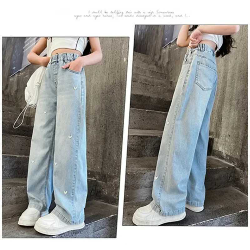 Girls Love Embroidered Wide-leg Pants Summer Thin Fashion 2024 Girls Light Jeans Wear Simple and FashionableT250326