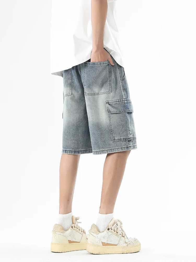 Summer mens denim shorts Korean fashion streetwear wide leg straight shorts casual loose jeans W250319